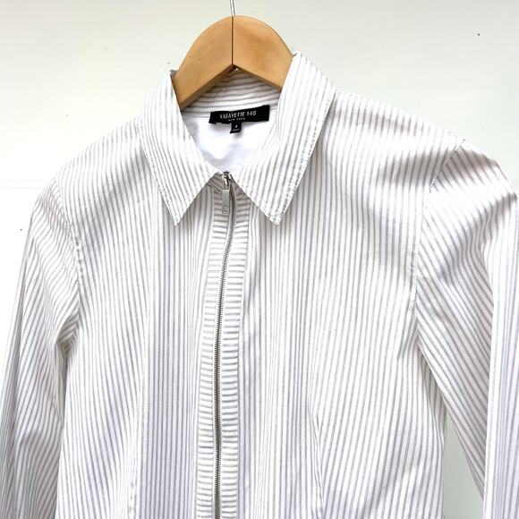 Lafayette 148 Connor Structured Zip Blouse Sparkle Stripe White Festive 4 - Picture 5 of 9